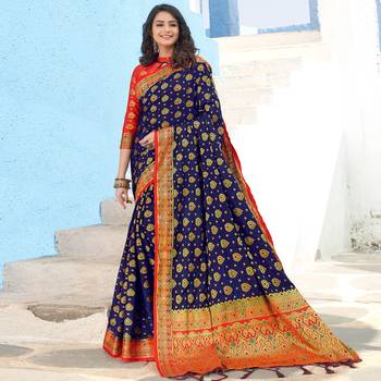 blue woven Silk blend saree with blouse 1