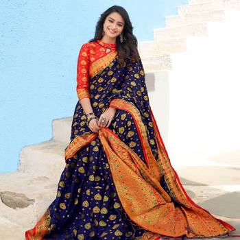 blue woven Silk blend saree with blouse 2
