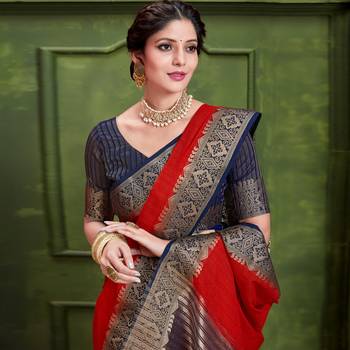 Red woven Silk blend saree with blouse 2