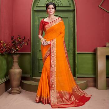 Orange woven Silk blend saree with blouse 1