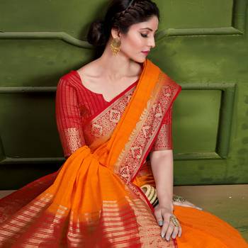 Orange woven Silk blend saree with blouse 2