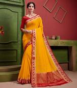 Yellow woven Silk blend saree with blouse