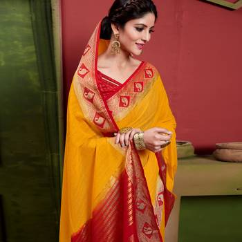 Yellow woven Silk blend saree with blouse 2