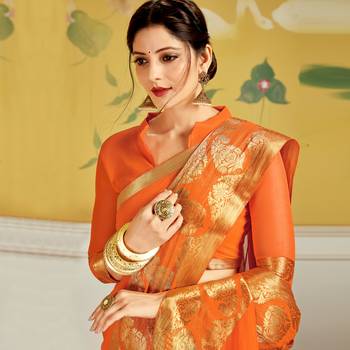 Orange woven Chiffon saree with blouse 2