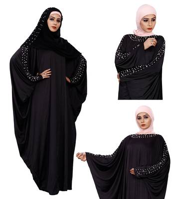 Women'S Pearl Work Plain Black Abaya With Hijab Scarf 1
