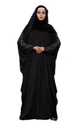 Women'S Pearl Work Plain Black Abaya With Hijab Scarf 2