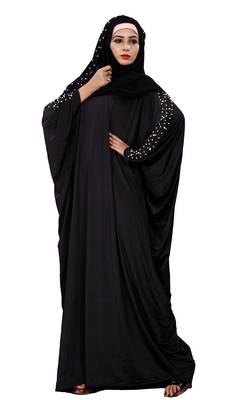Women'S Pearl Work Plain Black Abaya With Hijab Scarf 3