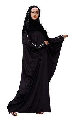Women'S Pearl Work Plain Black Abaya With Hijab Scarf 4