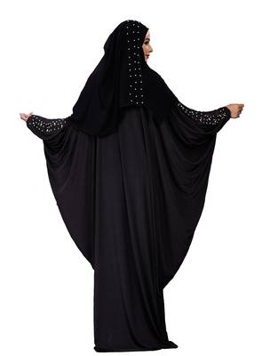 Women'S Pearl Work Plain Black Abaya With Hijab Scarf 5