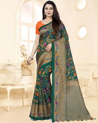 Green Printed Tussar Silk Saree With Blouse 1