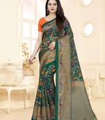 Green Printed Tussar Silk Saree With Blouse