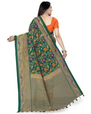Green Printed Tussar Silk Saree With Blouse 2