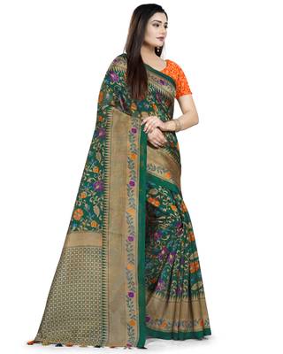 Green Printed Tussar Silk Saree With Blouse 3