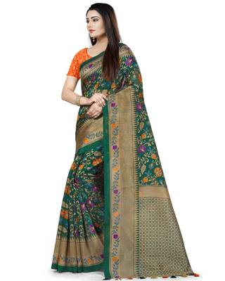 Green Printed Tussar Silk Saree With Blouse 4