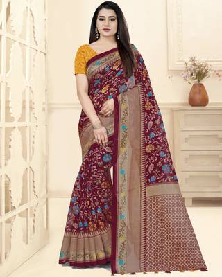 Maroon Printed Tussar Silk Blend Saree With Blouse 1