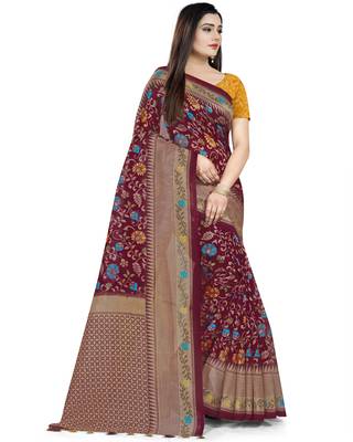 Maroon Printed Tussar Silk Blend Saree With Blouse 3
