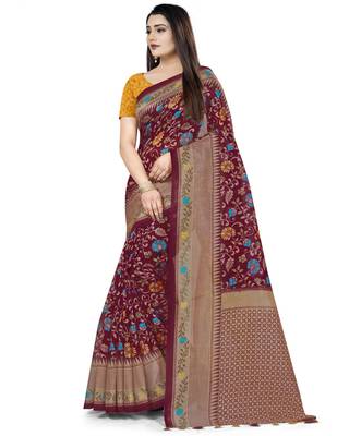 Maroon Printed Tussar Silk Blend Saree With Blouse 4