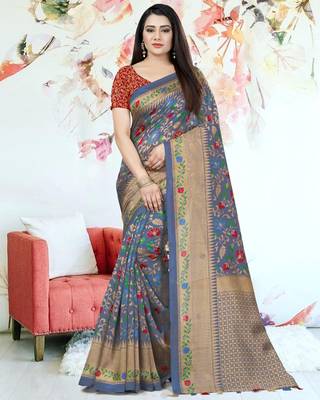 Grey Printed Tussar Silk Saree With Blouse 1