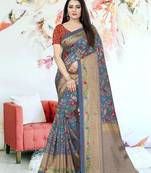 Grey Printed Tussar Silk Saree With Blouse