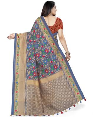 Grey Printed Tussar Silk Saree With Blouse 2