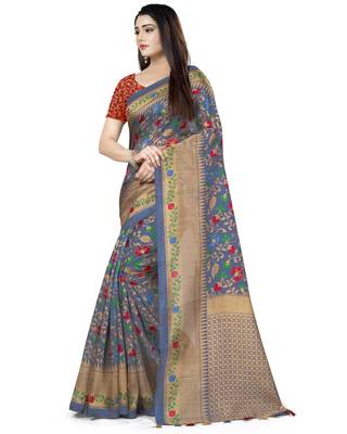 Grey Printed Tussar Silk Saree With Blouse 3