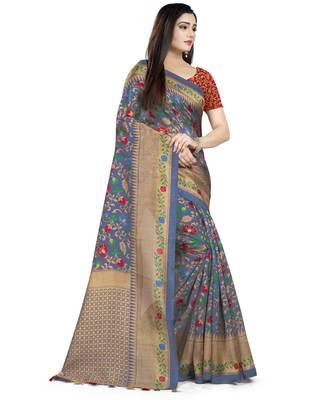 Grey Printed Tussar Silk Saree With Blouse 4