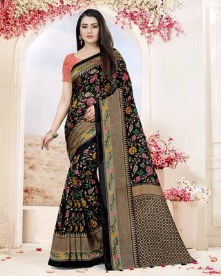 Black Printed Tussar Silk Saree With Blouse 1