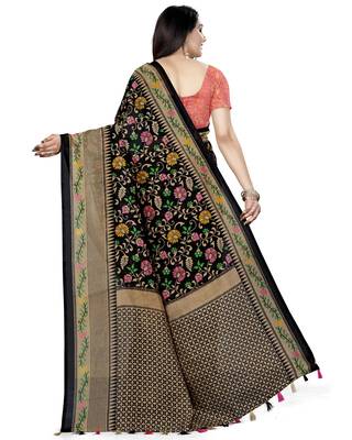 Black Printed Tussar Silk Saree With Blouse 2