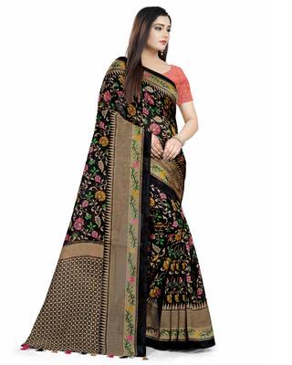 Black Printed Tussar Silk Saree With Blouse 3