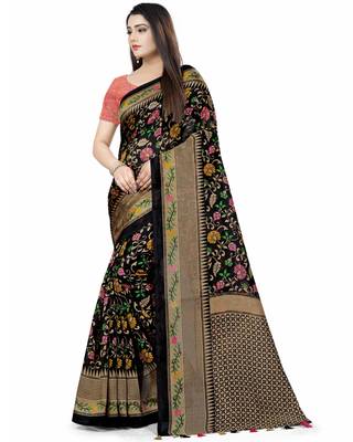 Black Printed Tussar Silk Saree With Blouse 4