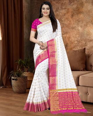 White Woven Banarasi Saree With Blouse 1
