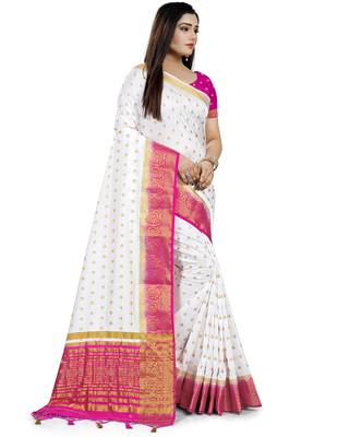 White Woven Banarasi Saree With Blouse 3