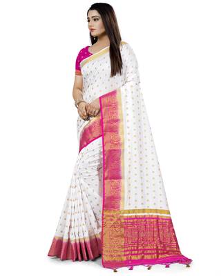 White Woven Banarasi Saree With Blouse 4