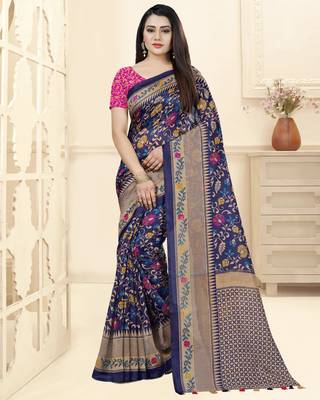 Blue Printed Tussar Silk Blend Saree With Blouse 1
