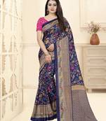 Blue Printed Tussar Silk Blend Saree With Blouse