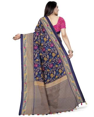 Blue Printed Tussar Silk Blend Saree With Blouse 2