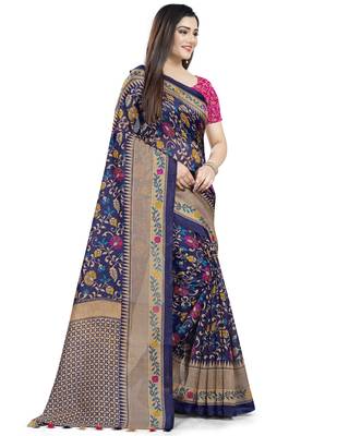 Blue Printed Tussar Silk Blend Saree With Blouse 3