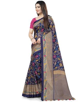 Blue Printed Tussar Silk Blend Saree With Blouse 4