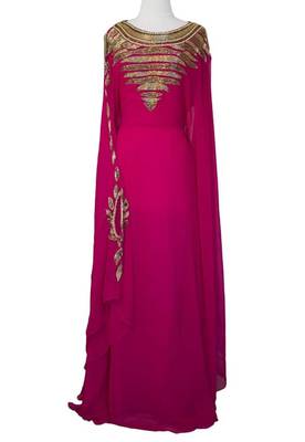 pink georgette moroccan islamic dubai kaftan farasha zari and stone work dress 1