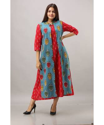 Women's Red & Blue Cotton & Katha Cotton Ikat Printed A-line Kurta 1