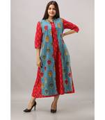 Women's Red & Blue Cotton & Katha Cotton Ikat Printed A-line Kurta