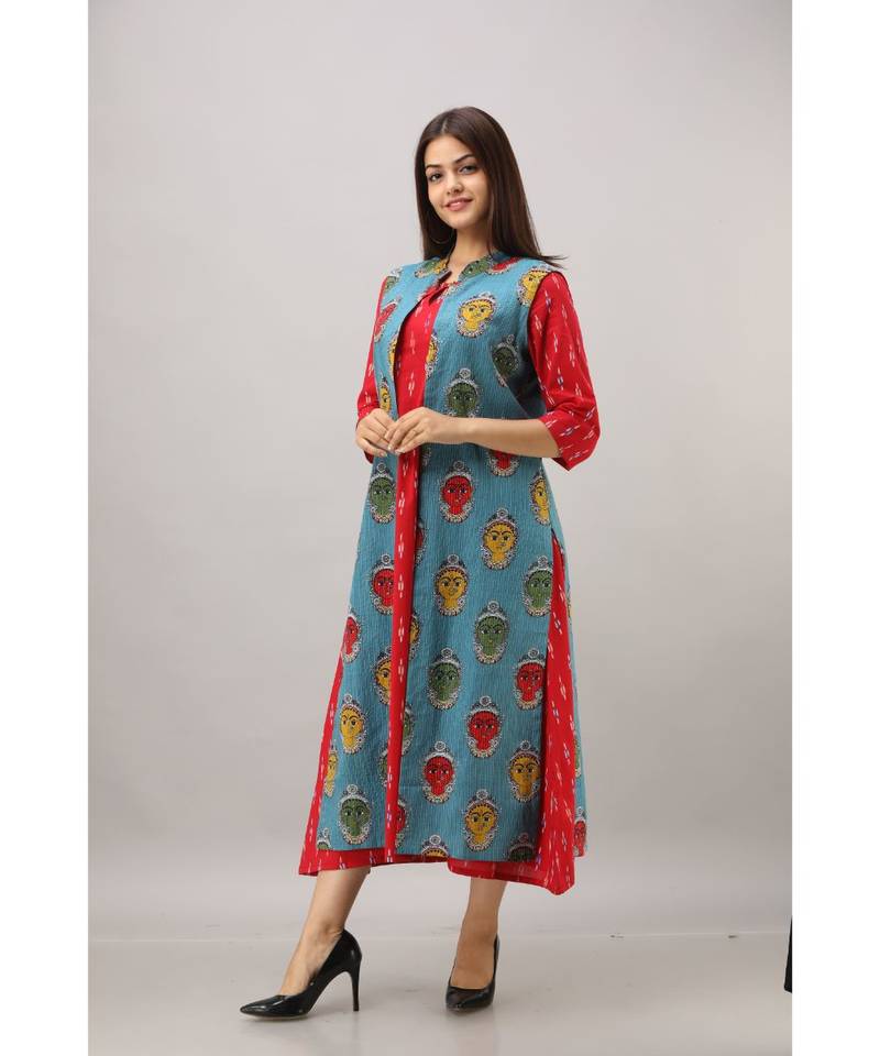 Women's Red & Blue Cotton & Katha Cotton Ikat Printed A-line Kurta