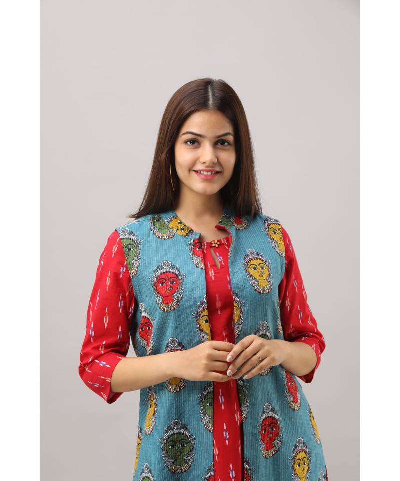 Women's Red & Blue Cotton & Katha Cotton Ikat Printed A-line Kurta
