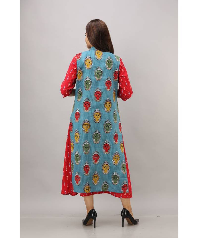 Women's Red & Blue Cotton & Katha Cotton Ikat Printed A-line Kurta