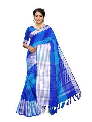 Blue Woven Poly Cotton Saree With Blouse 1