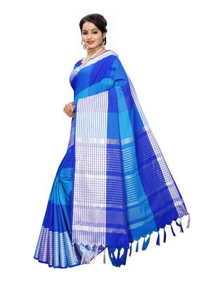 Blue Woven Poly Cotton Saree With Blouse 2