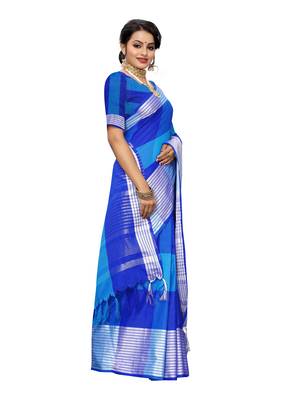 Blue Woven Poly Cotton Saree With Blouse 3