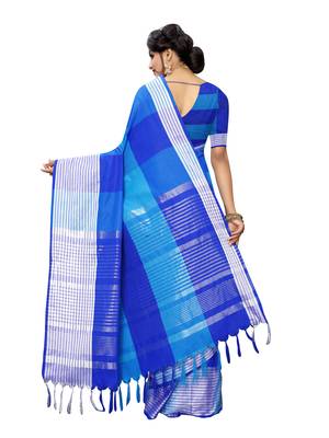Blue Woven Poly Cotton Saree With Blouse 4
