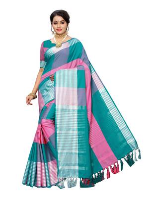 Pink Woven Poly Cotton Saree With Blouse 1