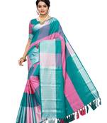 Pink Woven Poly Cotton Saree With Blouse